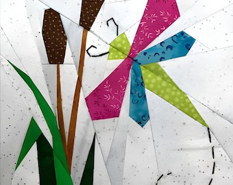 Dragonfly with Cattails Paper Pieced Quilt Block Pattern (PDF Pattern)