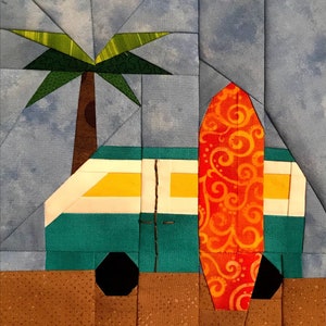 May include: A teal blue camper van with a yellow stripe and a surfboard with an orange swirl pattern. A green palm tree is in the background.