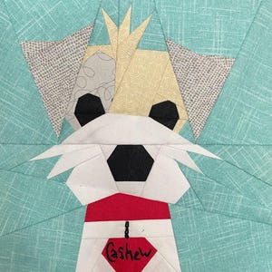 Puede incluir: Un perro blanco hecho de papel con ojos y nariz negros, que lleva un collar rojo con una etiqueta que dice "Cashew". El perro está sobre un fondo turquesa.