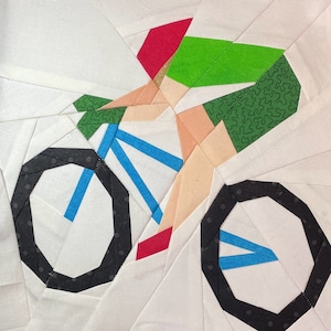 BIKING PAPER PIECED Block Pattern in pdf, Instant Download, Quilt Block, Triathalon Block, Paper Piece Biker, Biking Quilt, Made By Marney