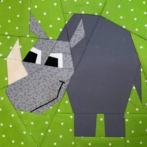 RHINO Paper Pieced Block Pattern in PDF, Instant Download, Rhinoceros, Quilt Block, Rhino Pattern, Jungle Animal Quilt