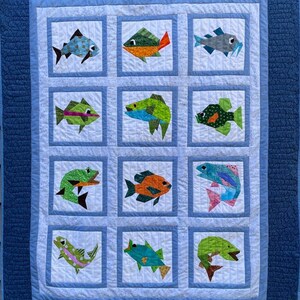 Mönster för quilt med fiskmotiv: Pappersbitade fiskblock (PDF-mönster)