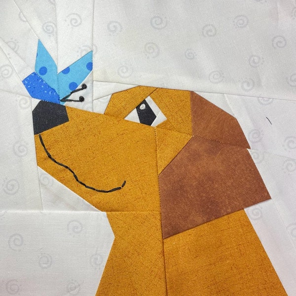 Retriever Quilt Block-Muster: Hund aus Papier mit Schmetterling (PDF-Muster)