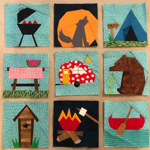 Set of 9 CAMPING BLOCKS, Paper Pieced Block Patterns in PDF