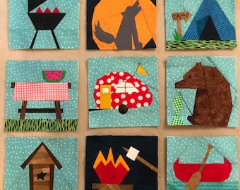 Set of 9 CAMPING BLOCKS, Paper Pieced Block Patterns in PDF