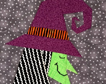 Happy Witch Paper Pieced Block Pattern, Halloween Quilt (PDF Pattern)