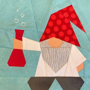 May include: A white gnome with a red and white polka dot hat, a gray beard, and a red potion bottle. The gnome is holding the bottle in its right hand and is standing on a blue background.