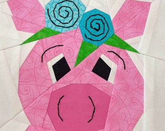 PIG WITH FLOWERS Paper Pieced Block Pattern in pdf, Instant Download, Pig Quilt Block, Paper Pieced Pig, Pig with Wreath, Made By Marney