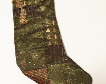 Patchwork Christmas Stocking, Elegant Christmas, Golden Green Christmas Stocking