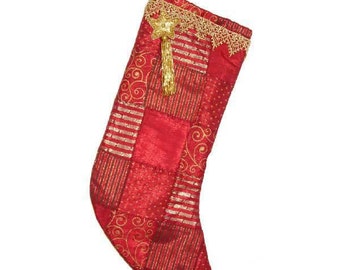 Patchwork Christmas Stocking, Red Christmas Stocking, Elegant Christmas Stocking