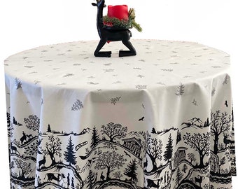 Black and White Winter Scene Round or Rectangular Cotton Wipe Clean Tablecloth