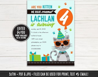 Cool Cat Birthday Invitation, Are you KITTEN me right meow?, Cat Birthday favor tag | Digital File