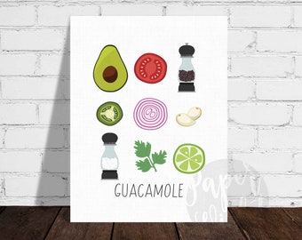 Guacamole Ingredients Illustration, Kitchen Wall Decor | Home Decor Print