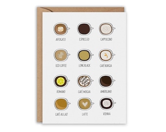 Coffee Card, Types of Coffee, Coffee Lover, Coffee Note Card, Greeting Card