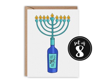 SET OF 8 Let's Get LIT, Hanukkah Card, Holiday Greeting Card, Funny Greeting Card