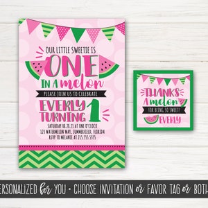 Watermelon Birthday Party, First Birthday, ONE in a Melon Invitation, Watermelon favor tag | Digital Files
