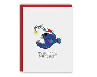 Funny Anglerfish Christmas Card • Ocean Holiday Card • Deep Sea Merry & Bright Greeting Card