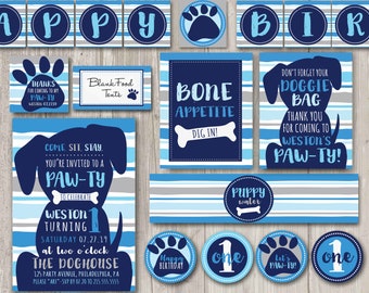 May include: A blue and gray printable party invitation set for a dog-themed first birthday party. The invitation features a cartoon dog with the text "Come, sit, stay. You're invited to a Paw-ty to celebrate Weston turning 1. Saturday 07.27.19 at two o'clock. The Doghouse 125 Party Avenue, Philadelphia, PA. Please "ARF"-RSVP by 07.20 to 215.555.5555".
