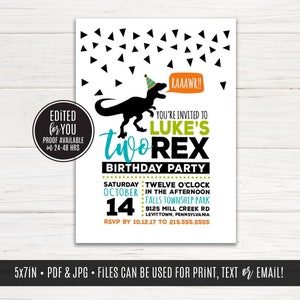 TWO Rex Birthday Party, Second Birthday, Dinosaur Invitation, T-Rex, Dino Party Invite, favor tag | Printable