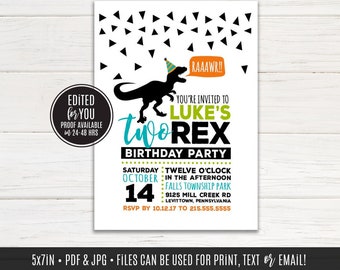 TWO Rex Birthday Party, Second Birthday, Dinosaur Invitation, T-Rex, Dino Party Invite, favor tag | Printable