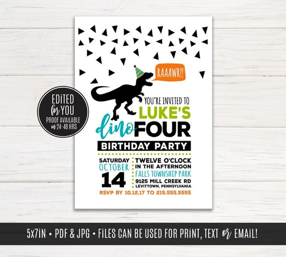 dinoFOUR Birthday Party, Fourth Birthday, Dinosaur Invitation, T-Rex, favor tag | Digital Files