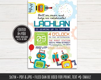 Puede incluir: Una invitación de cumpleaños para un niño llamado Lachlan que cumple 3 años. La invitación tiene un tema de robots con dos robots, uno sosteniendo una caja de regalo. La invitación está decorada con confeti de colores y engranajes. El texto de la invitación dice: "¡Únete a nosotros y ayúdanos a celebrar! Lachlan se está preparando para cumplir 3 años! 09 de abril de 2017, 4 en punto de la tarde. La Estación de Robots, 123 N. Main Street, Filadelfia, PA 19154. RSVP al 84.84.17 o al 215.555.5555 o paperviolets@mail.com".