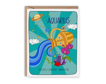 Aquarius Zodiac Birthday Card, Birthday Card