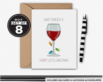 SET OF 8 Have yourself a SHERRY little Christmas, Wine Card, Christmas Card, Greeting Card, Holiday Card, Christmas, Funny Greeting Card