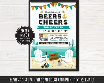 Cheers & Beers, Lake Party, Lake Beer Party | Milestone Birthday Invitation, favor tags | Digital File