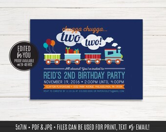 May include: A blue train invitation with a red, green, and blue train with a blue and white smoke cloud. The invitation says "chugga chugga... two two!" and "Reid's 2nd Birthday Party".