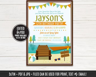 May include: A blue and green lake-themed birthday party invitation for a 12th birthday. The invitation features a cartoon lake scene with a dock, a boat, a beach ball, and sunglasses. The text on the invitation reads "Jayson's 12th Birthday Party!" and includes the date, time, and location of the party.