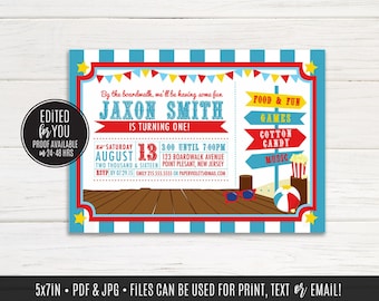 Beach Boardwalk Birthday Party Invitations, Summer Party, By the Boardwalk, Carnival Birthday Printable