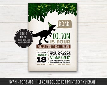 ROAR I'm four Birthday Party Invitation, Dinosaur Invitation | Digital Files