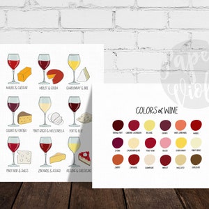 Conjunto de 2 Ilustración de vino y queso, Carta de colores de vino, Decoración de la pared de la cocina, Arte de la cocina de la ilustración de la barra / Impresiones sin enmarcar