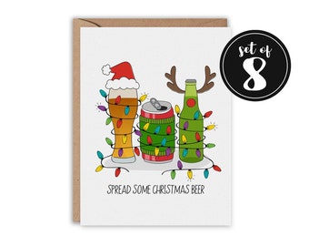 SET OF 8 Spread Some Christmas Beer, Christmas Greeting Card, Funny Greeting Card