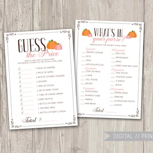Guess the Price, What&#39;s In Your Purse Game, Pumpkin Baby Shower Game, Baby Girl Shower, Fall Baby Shower Game | Printable