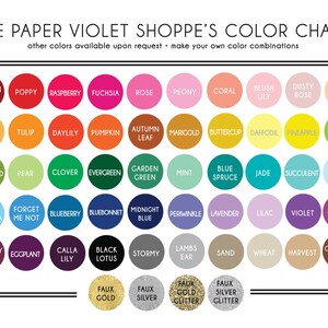 K&ouml;nnte beinhalten: Farbkarte mit 50 verschiedenen Farbmustern, jedes mit einem Namen. Die Farben sind in Reihen und Spalten angeordnet, und die Namen sind unter jedem Muster aufgedruckt. Die Karte ist mit "The Paper Violet Shoppe's Color Chart" betitelt.