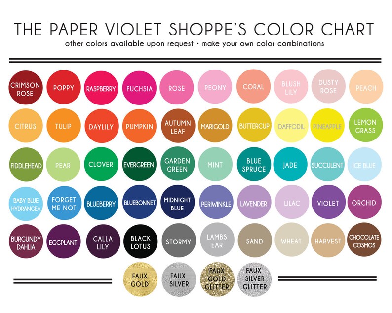 K&ouml;nnte beinhalten: Farbkarte mit 50 verschiedenen Farbmustern, jedes mit einem Namen. Die Farben sind in Reihen und Spalten angeordnet, und die Namen sind unter jedem Muster aufgedruckt. Die Karte ist mit "The Paper Violet Shoppe's Color Chart" betitelt.