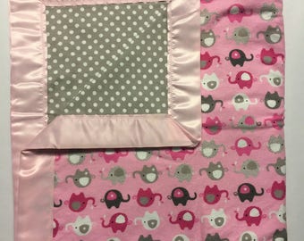 Pink and Gray Flannel Elephant Baby blanket | Baby Girl Baby Shower Gift | Elephant Nursery Blanket