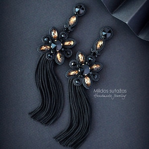 Handmade Soutache Black Brown Gold Long Tassels Earrings