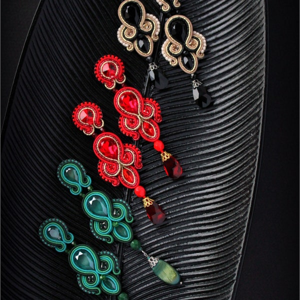 Handmade Soutache Earrings Swarovski Red Gold Green Black Beige