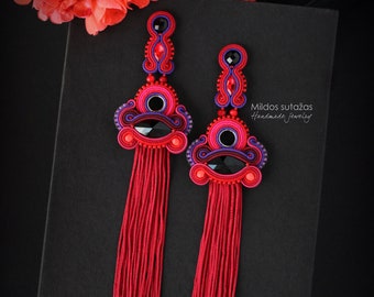 Handmade Soutache Long Tassel Earrings Red Pink Purple Black