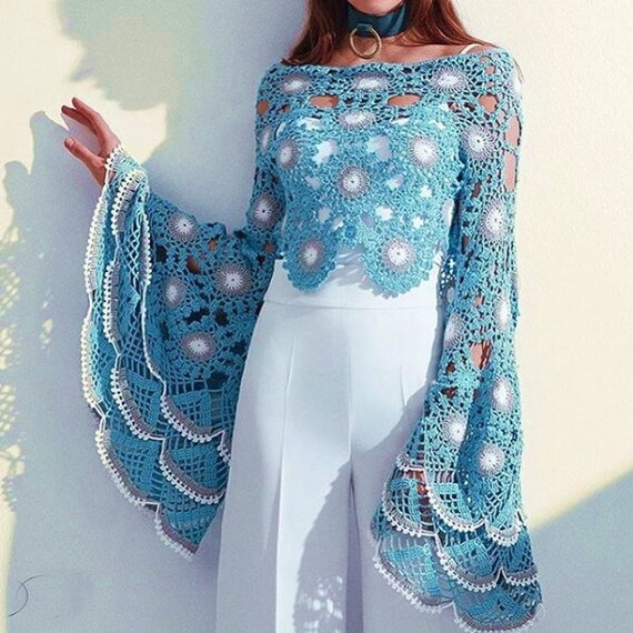 Top Long Sleeve Bell Crochet Sexy 70s 