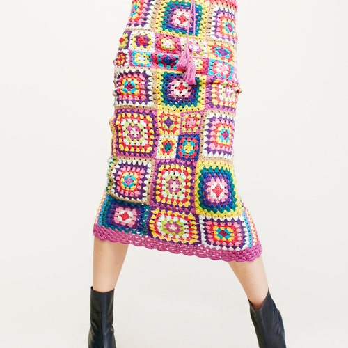 Maxi Skirt Boho Crochet Stripes Granny Squares Multicoloured | Etsy