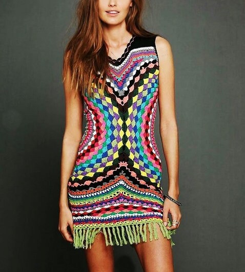 Short Crochet Beach Mini Hippie Boho Rainbow Sexy Dress Women | Etsy