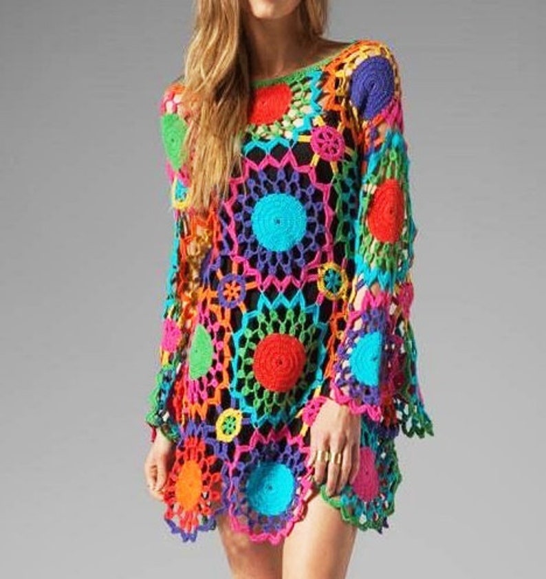Crochet mini 70s hippie boho sexy dress festival knit rainbow | Etsy
