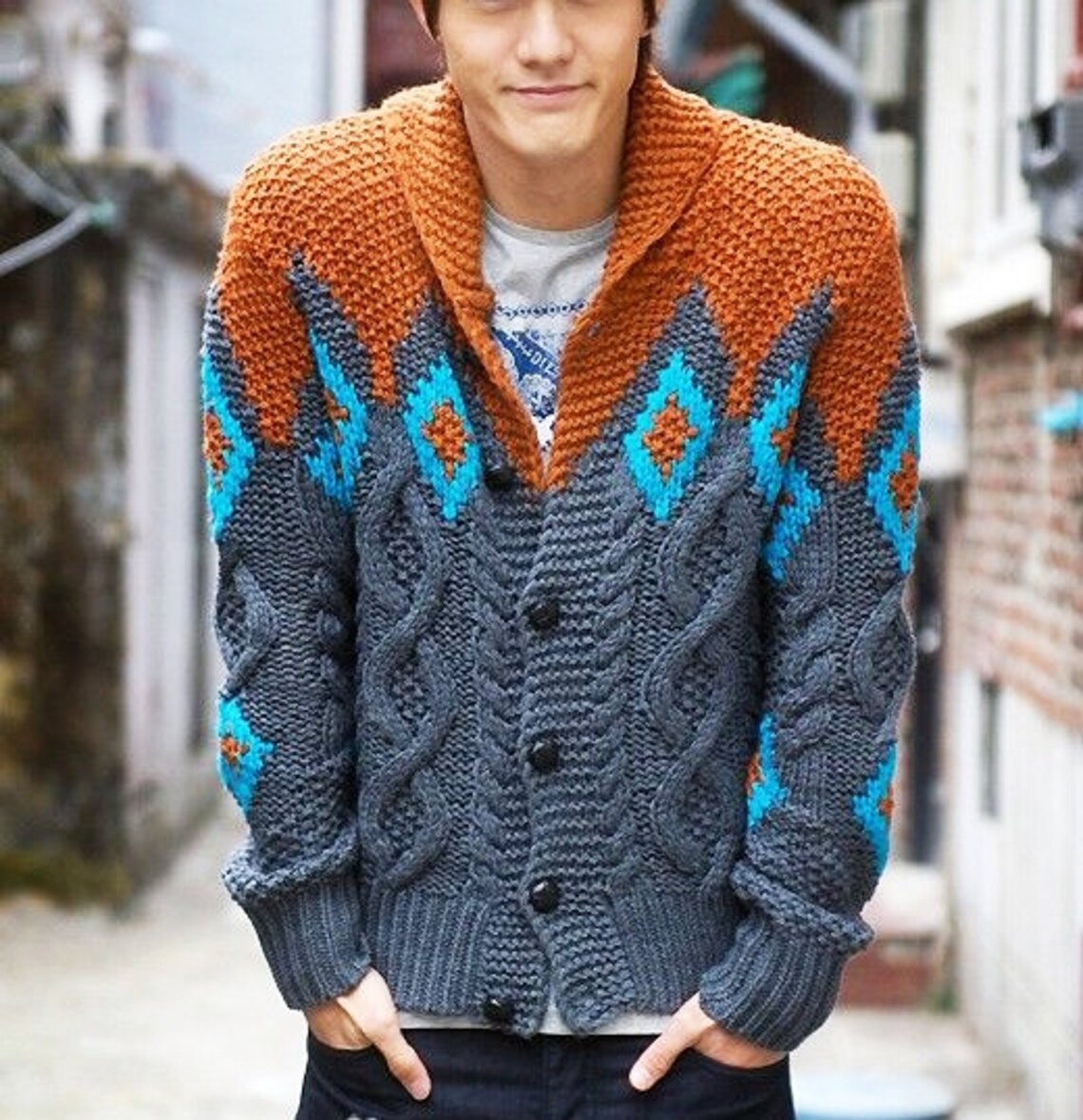 Men's sweater wool jacket cardigan grey orange hand knit | Etsy