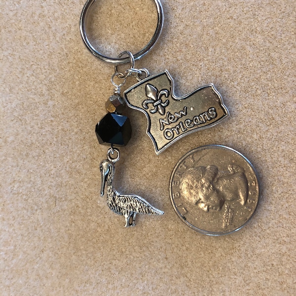 Handmade Keychain Black Gold Pelican, New Orleans Louisiana Charm, Gift Idea, Gift for him or her, Charm Keychain, New Orleans Saints