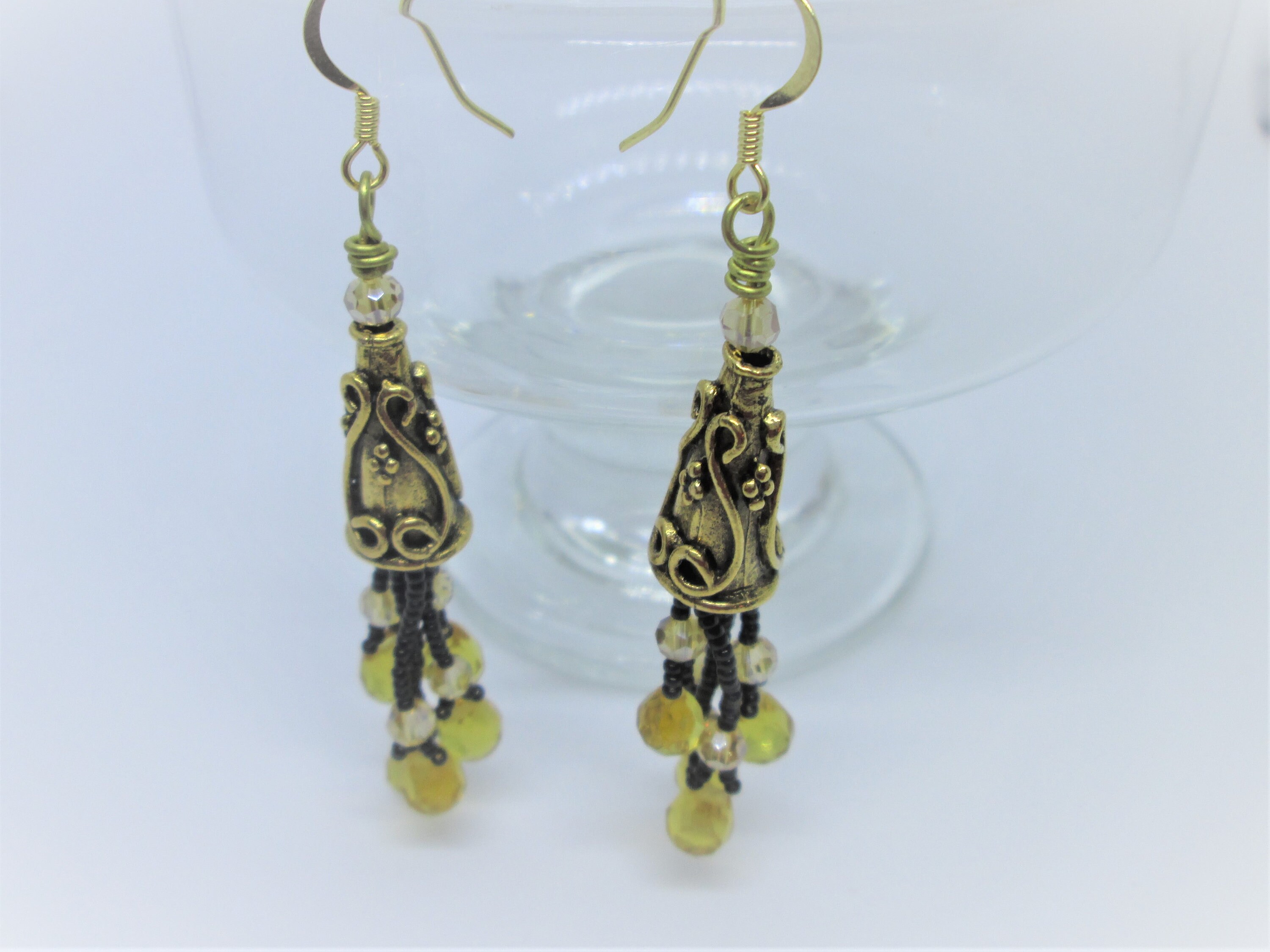 Handmade Beaded Black Gold Tassel Dangling Earrings Boho - Etsy