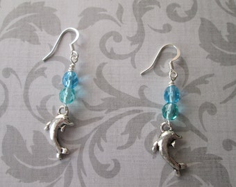 Handmade Light Turqoise Sapphire Blue Silver Dolphin Dangle Earrings, gift idea, aquatic earrings, beach wedding, made in USA, multi color